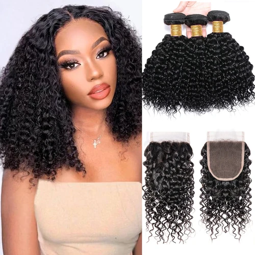 Mechones rizados con cierre HD, oferta de 2 3 mechones con cierre 4X4, extensiones de cabello humano virgen brasileño sin procesar, rizos Jerry