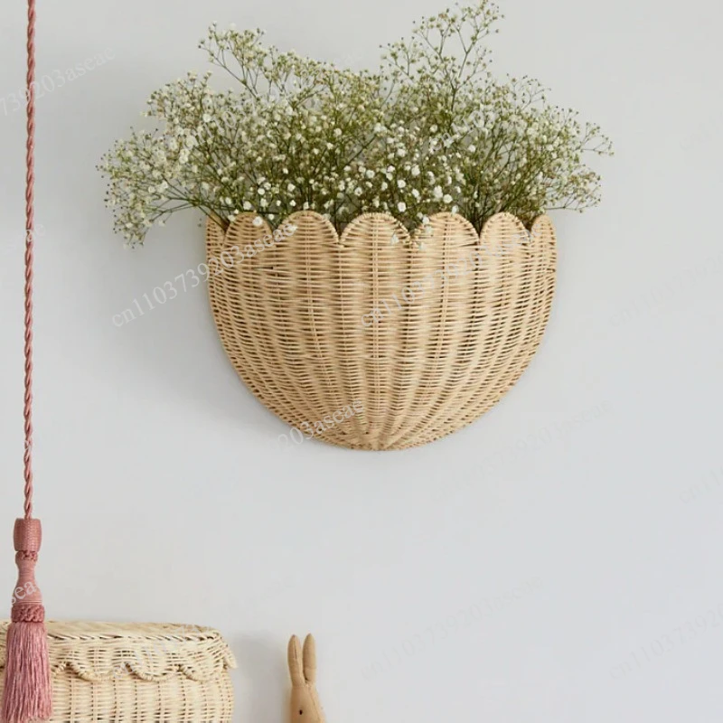 Pastoral rattan wall hanging key storage basket home decoration toys sundries storage basket hand woven basket