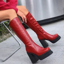 Big Size 43 Brand New Ladies Platform Mid-Calf Boots Fashion Solid Thick High Heels women's Boots Party Office Woman Shoes