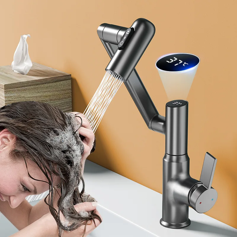 Modern Single-Hole Brass Pull-Out Faucet Digital Display Bathroom Washbasin with Rotating Design and Ceramic Valve Core