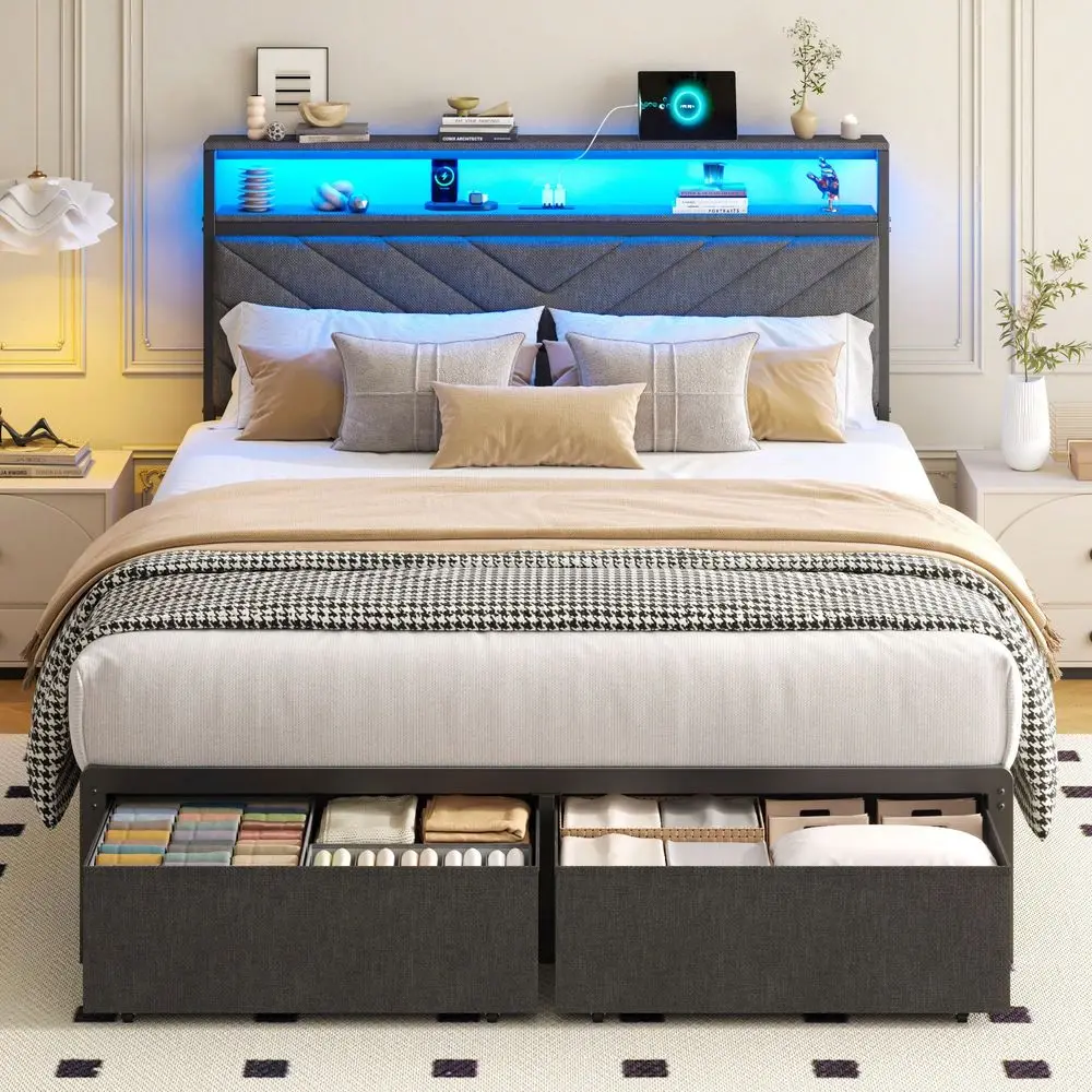 Full Twin Size Faux Leather Fabric Upholstered Platform Bed Frame With LED Headboard, Charging Station, 2 Storage Drawers, 12 U
