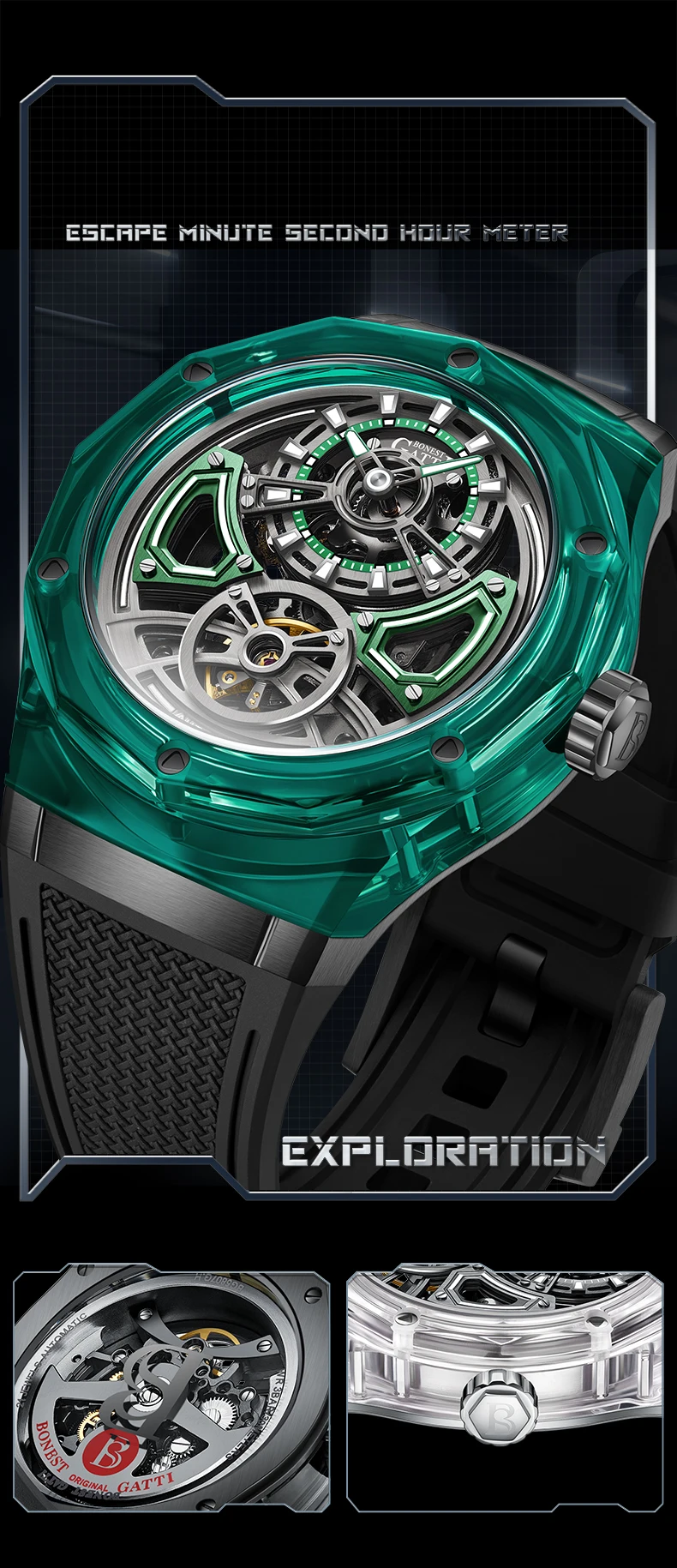 BONEST GATTI Мужские автоматические часы 45 мм Механические наручные часы Акриловый корпус Сапфировый светящийся ремешок из фторкаучука Скелетонизированный циферблат