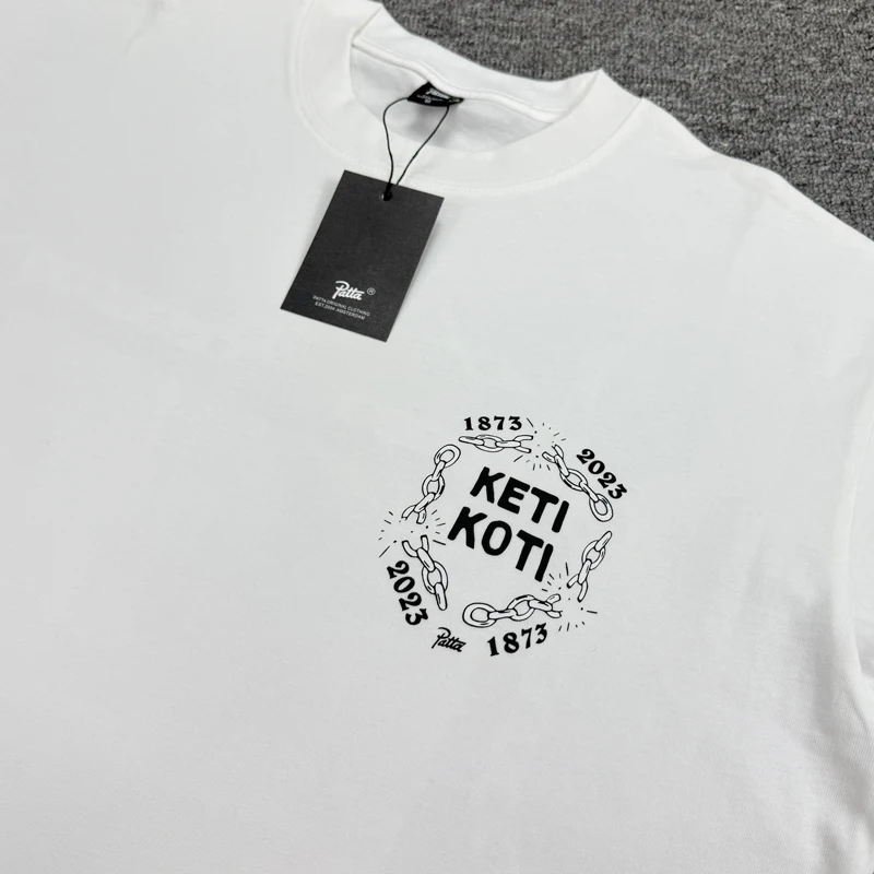 High Street Loose Casual PATTA T-shirt 2026 New High Quality Creative Iron Chain Print Patta Short Sleeve Men's Clothing