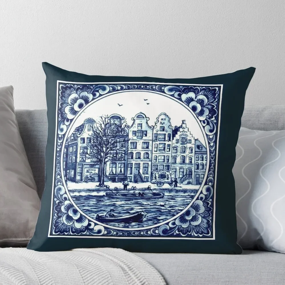 DUTCH BLUE DELFT : Vintage Boats in Canal Amsterdam Print Throw Pillow New year Cushions Luxury Pillow Cover Pillow