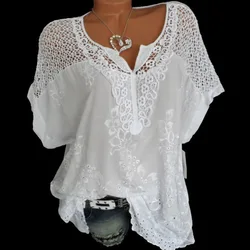 2019 été à manches courtes femmes Blouses et hauts lâche blanc dentelle Patchwork chemise de grande taille 4xl 5xl haut pour femme vêtements décontractés