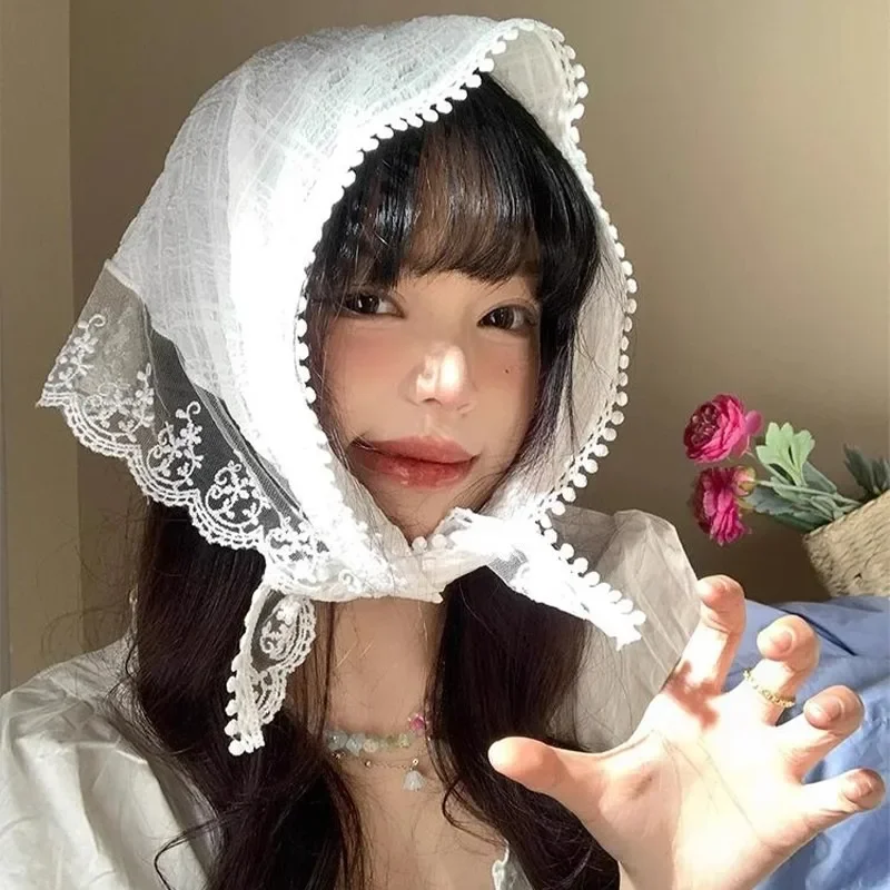 الدانتيل الفرنسي مثلث الشعر وشاح النساء الفتيات الربيع الصيف الكورية رباط شعر وشاح حلو عقال النساء فتاة الحجاب غطاء الرأس #4