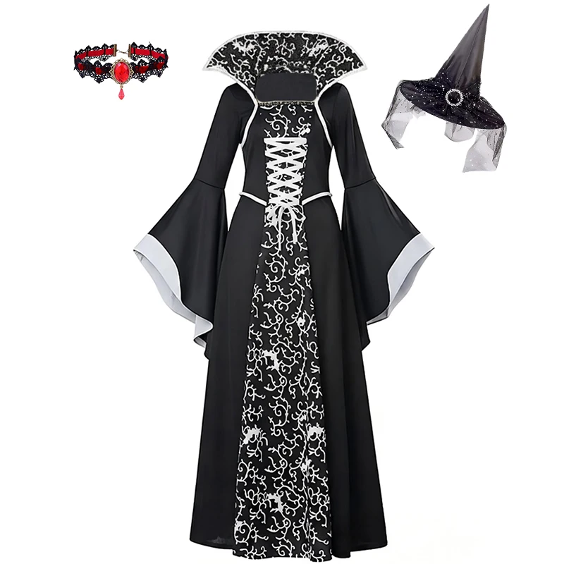 Kids Halloween Long Witch Costume Black White Printed Long Gown with Witch Hat Girls Carnival Trick or Treat Cosplay Outfit