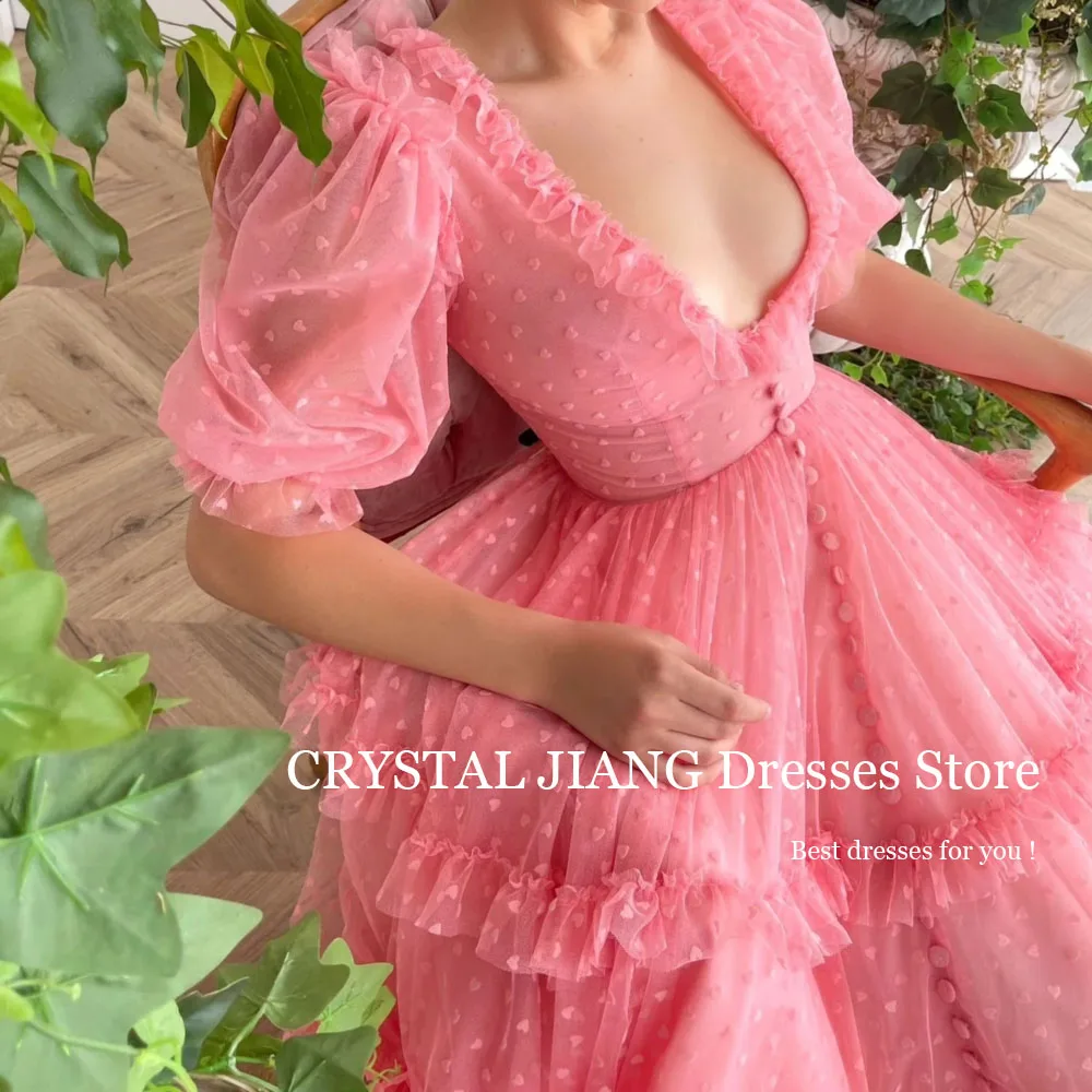 

Long V Neck Pink Natural Waist Half Sleeves with Heart Appliques Prom Dresses A Line Sweep Train فساتين للحفلات الراقصة