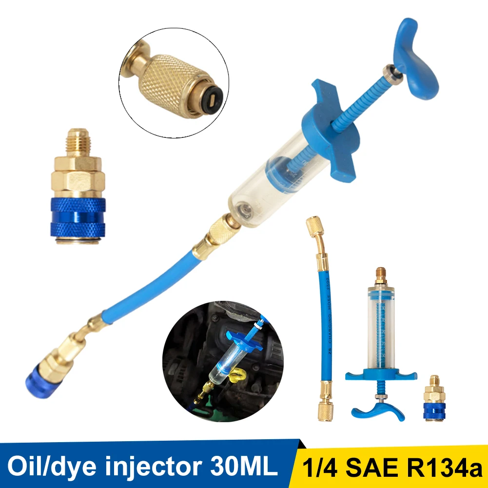 Injecteur d'huile A/C R134A, outil d'injection de colorant d'huile, connecteur rapide, ensemble d'outils d'injecteur 1/4 ", adaptateur Omicrophone manuel à visser