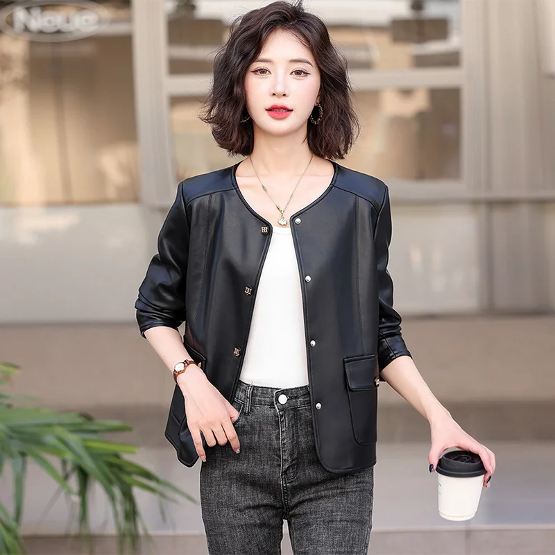 New Women Spring Autumn Leather Jacket Fashion O-Neck Long Sleeve Loose Short Coat Elegant Casual Split Leather Jacket