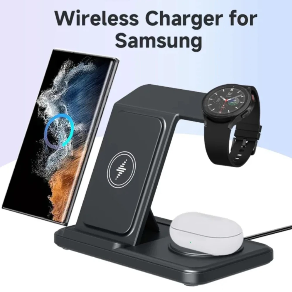 Desktop 3-in-1 Kabelloses Ladegerät für Samsung S25 S24 S23 S22 Buds3 Pro/Buds Galaxy Watch 8 7 6 5 4 3 Schnelle Ladestation