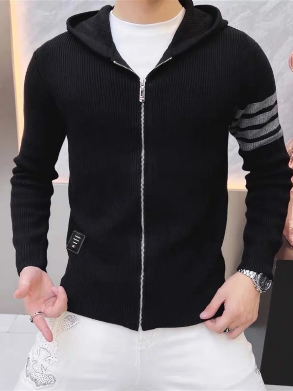 

ey Knitted Zipper Hooded Jaet Men's Spring Autumn Sweater European Sle Long Sve Youth Faion Outerwear Cardigan