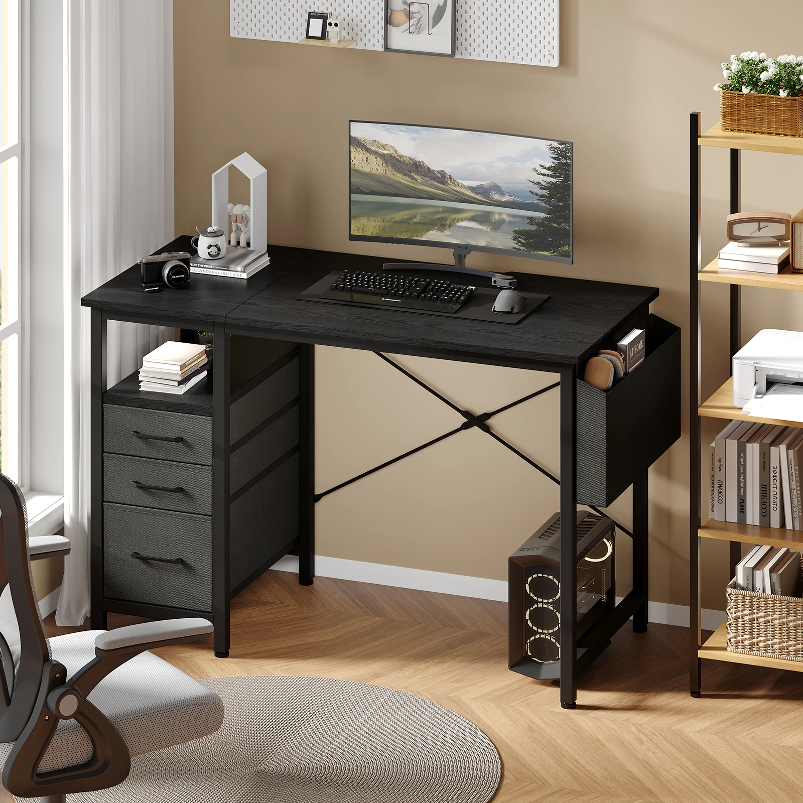JHK 40 Inch Computer Desk with 3 Fabric Drawers Office Gaming Desk Writing Study Table with Side Pocket Space Saving Desk ﻿