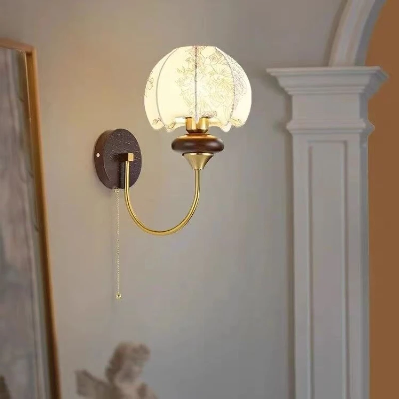 French Style LED Wall Lamp Simple Creative Bedroom Bedside American Retro Fabric Living Room Decoration Solid Wood Bracket Light
