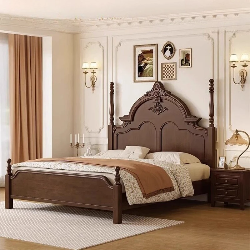 Cama campestre americana de madera de 1,8 metros, cama doble retro francesa, muebles de dormitorio de alta gama, camas individuales atmosféricas