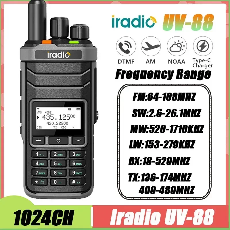 Radio Cb 27Mhz Uv-88 Walkie Talkie de onda corta 2,3-26,1 Mhz Uv88 Fm/Sw/Mw/Lw Radio multibanda tipo C cargador Noaa 1024