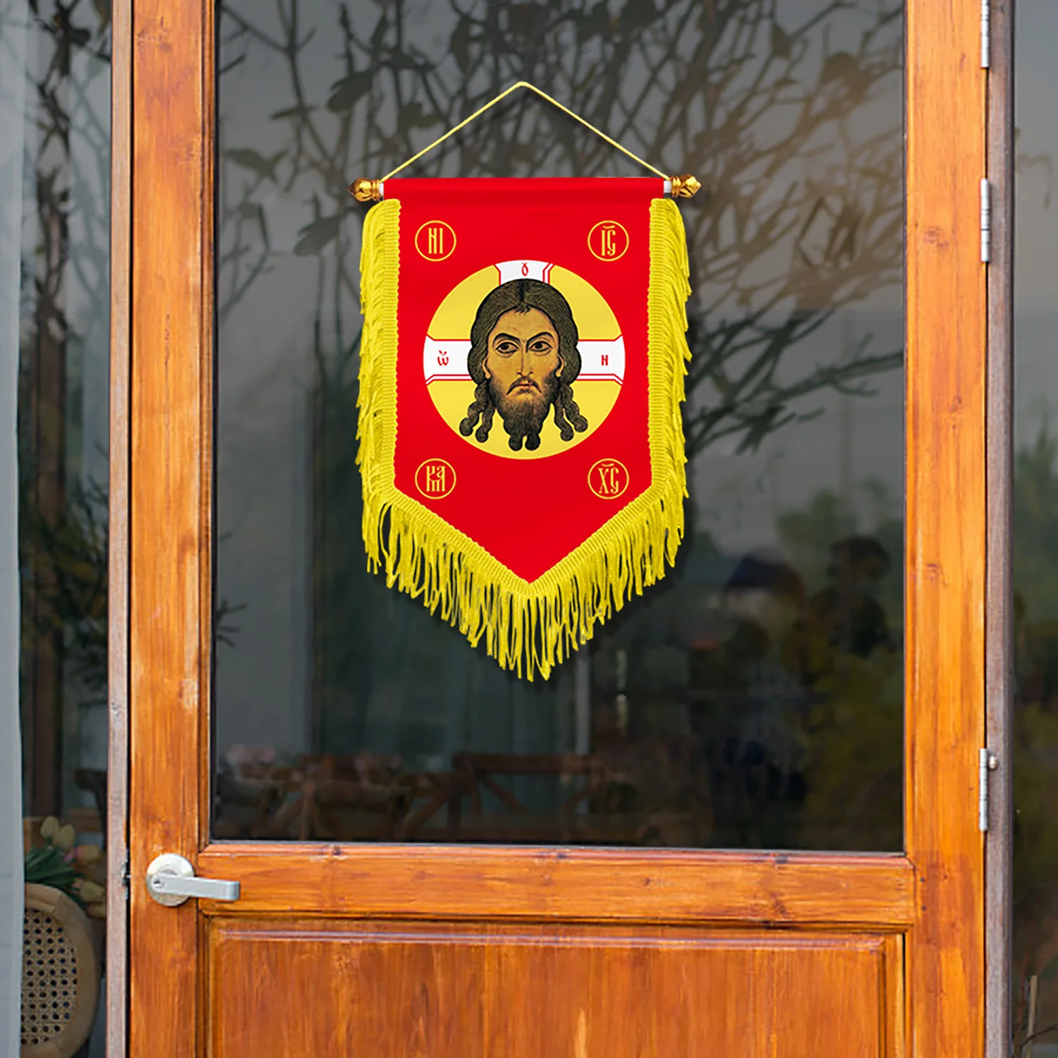 Orthodox Holy Face Jesus Pennant Flag with Golden Tassels IC XC Christian Religious Hanging Banner Church Wall Decor Tapestry