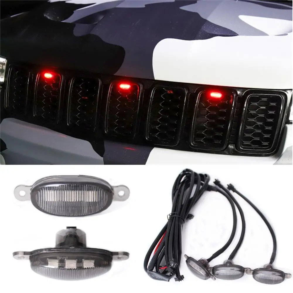 One Set (3pcs) Red Day Running Light LED Car Front Grille Light Emergency Flash Warning Lamp Universal