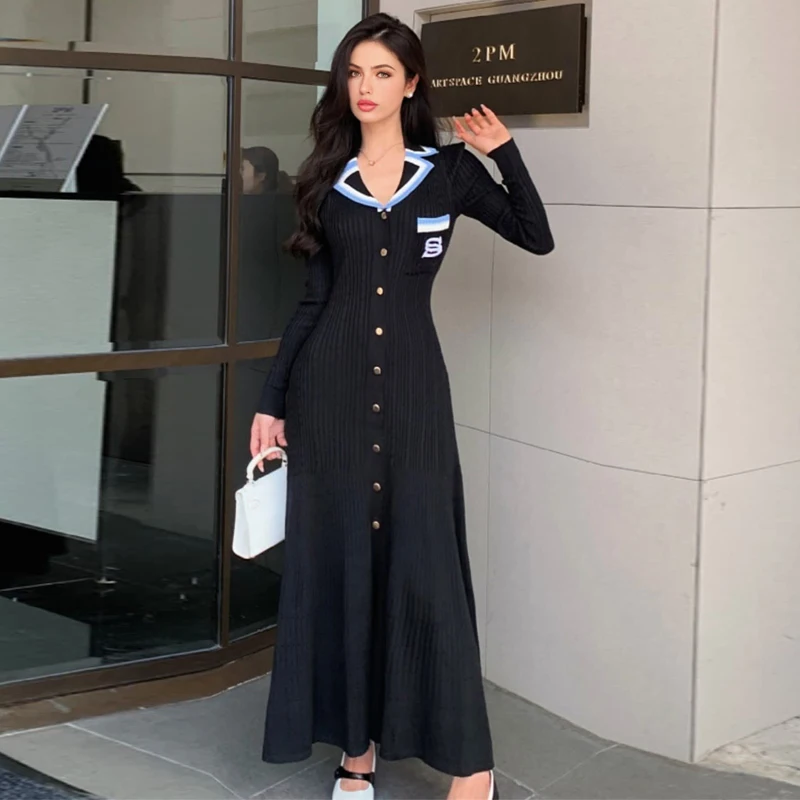 YuooMuoo Brand Fashion Knitted Maxi Dress 2024 Elegancka sukienka z długim rękawem z haftowanym kołnierzem Lady Sweater Vestidos