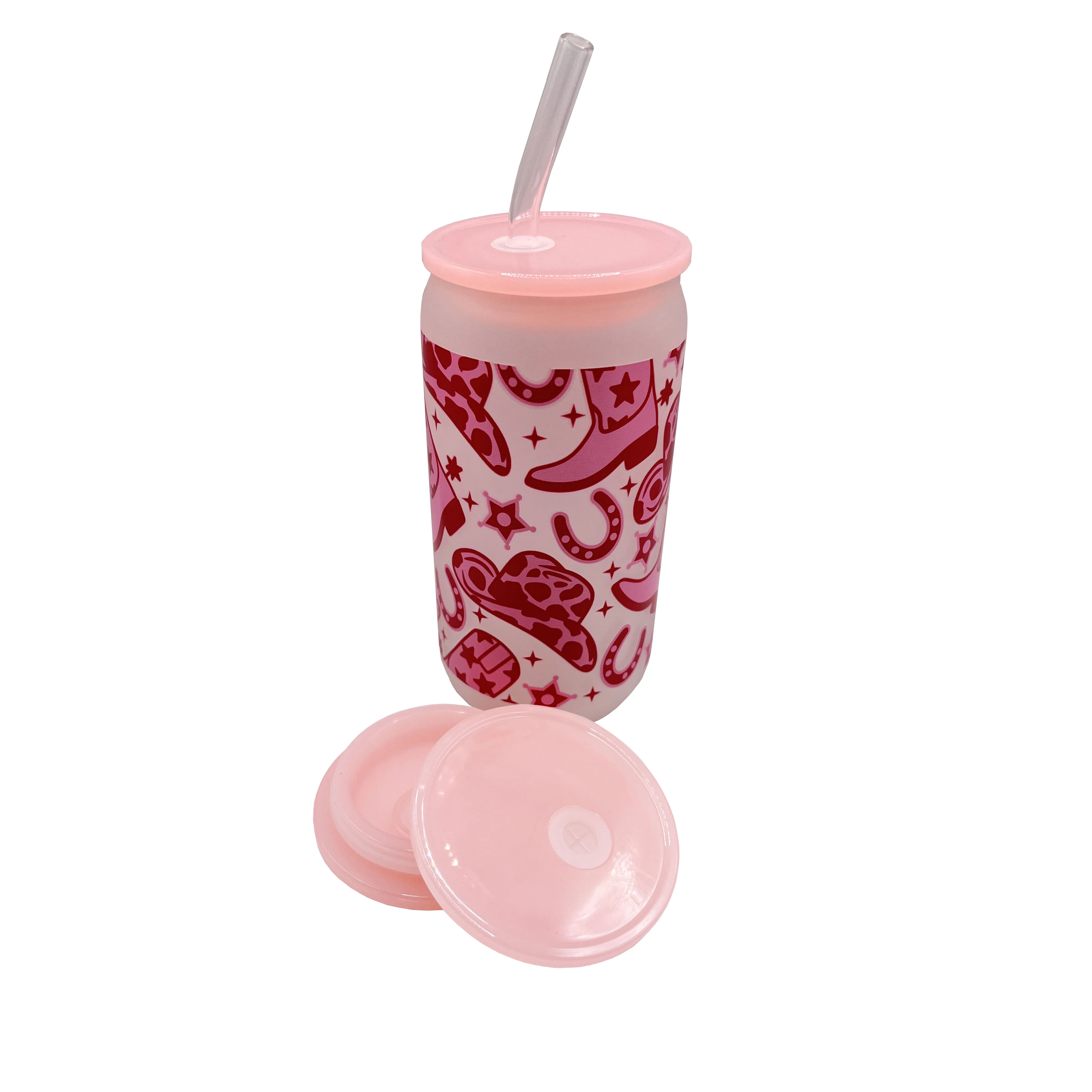 Taza de cerveza de vaquero occidental, café helado, pajita de vidrio de 16 oz con tapa de silicona y cepillo de limpieza, botas de vaquero, taza de bebida de discoteca