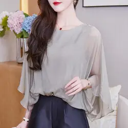 Simplicity Office Lady Summer Women's O-Neck Solid Simulated Silk Batwing Sleeve Fashion All-match 3/4 Sleeve Loose Shirts Top