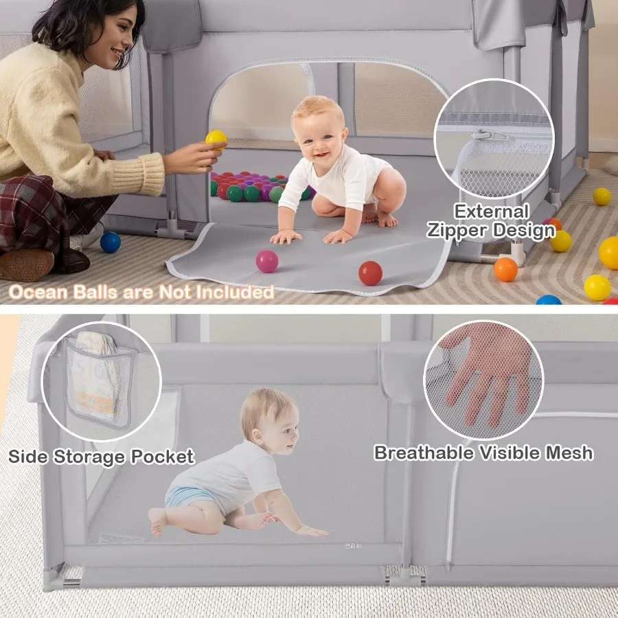 روضة أطفال كبيرة مقاس 75 بوصة × 59 بوصة مركز أنشطة للأطفال الصغار مع أبواب بسحاب حقيبة تخزين شبكية للاستخدام الداخلي والخارجي وساحة لعب للأطفال