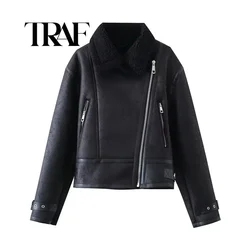 TRAF Women Faux Leather Jacket Autumn Fashion Ladies Casual Commuter Zipper Long Sleeves Jacket For Women's Tops