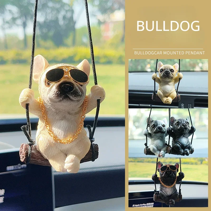 New Resin Cute Dog Anime Car Accessorie Swing Bulldog Pendant Auto Rearview Mirror Ornaments Birthday Gift Couple Accessories