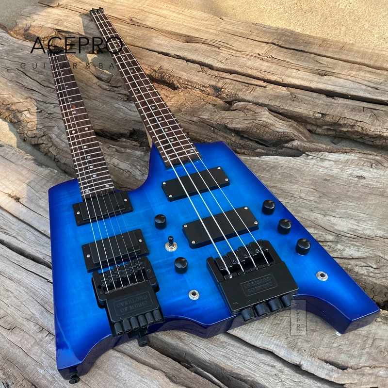 Double Neck Headless Electric Guitar, Blue Flamed Maple Top, Tremolo Bridge 6 string Guitarra + 4 string Bass Combo