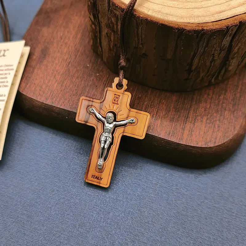 

Wooden Jesus Cross Pendant Necklace with Rope Catholic Olive Wood Cross Charms Religion Jewelry