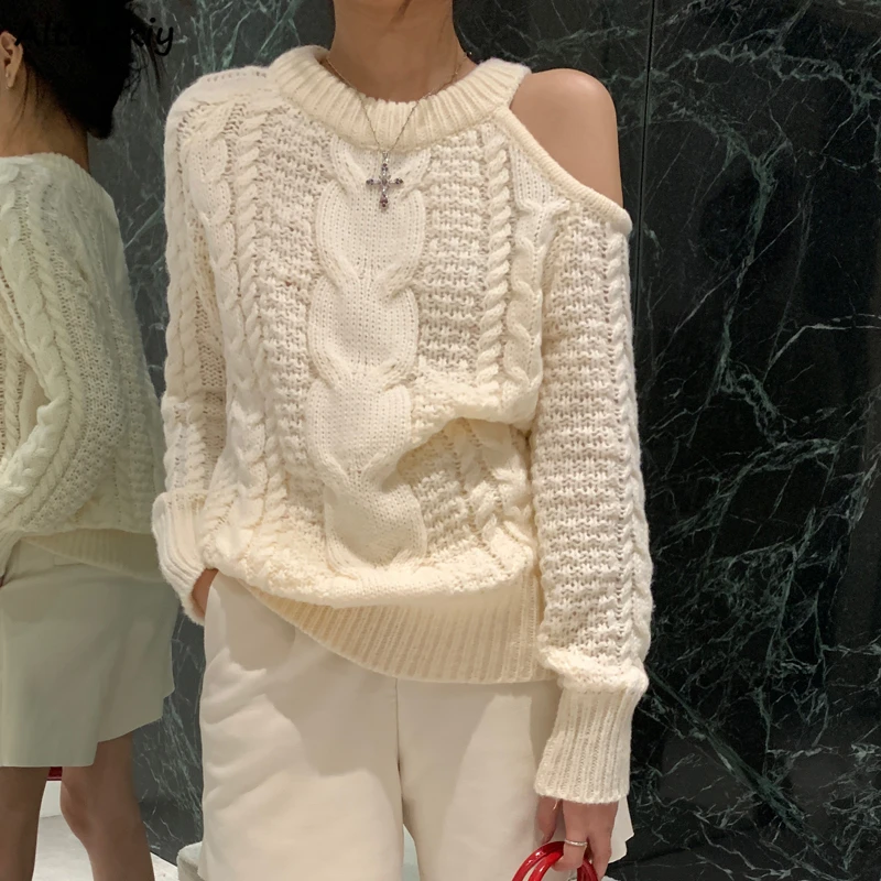 Pullovers Women Off Shoulder Temper O-neck Knitted Sweaters Теплый Женский Свитер Korean Style Hollow Out Fashion Design Slouchy