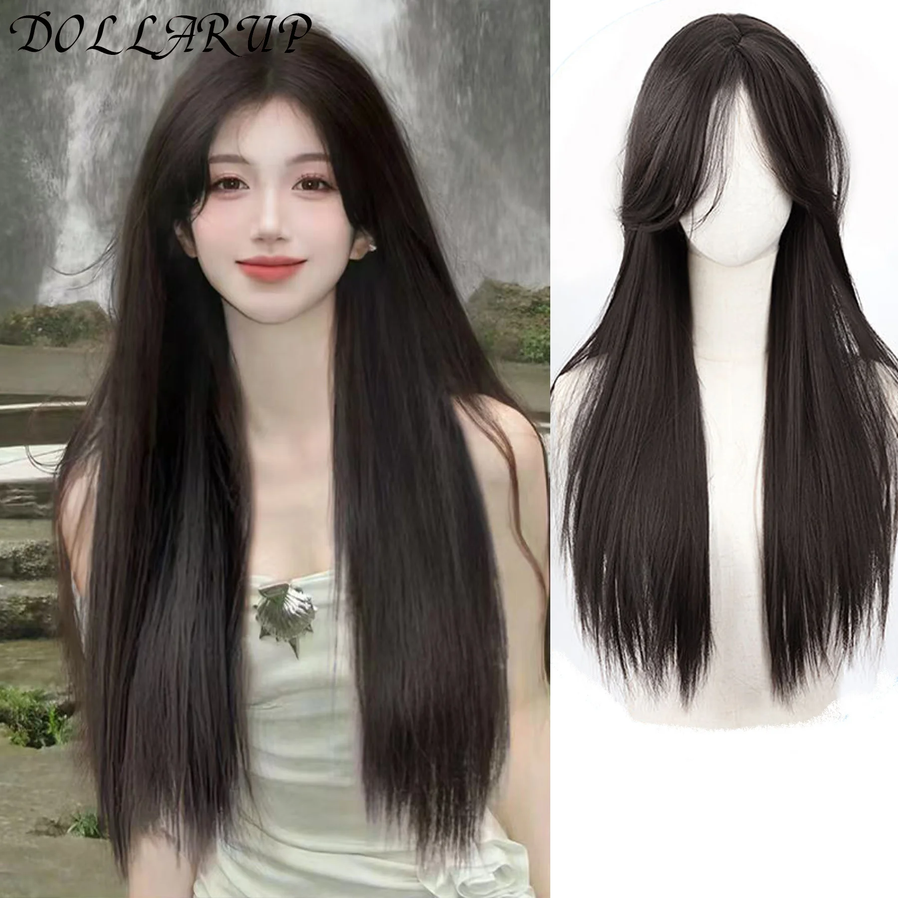 

Женский черный парик, длинная прямая повязка на голову, кружевной передний парик, косплей, темпераментный для повседневного использования, черные синтетические парики в стиле "Лолита"