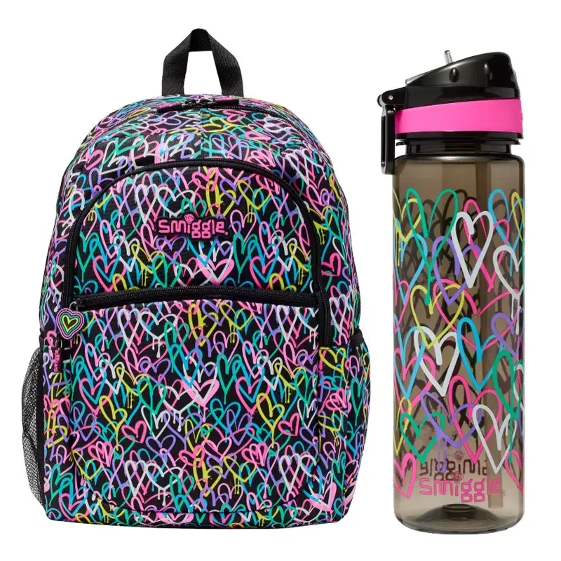 Smiggle-mochila australiana para estudiantes, morral de gran capacidad con botella de agua, grafiti de color negro, regalo para estudiantes, 2024