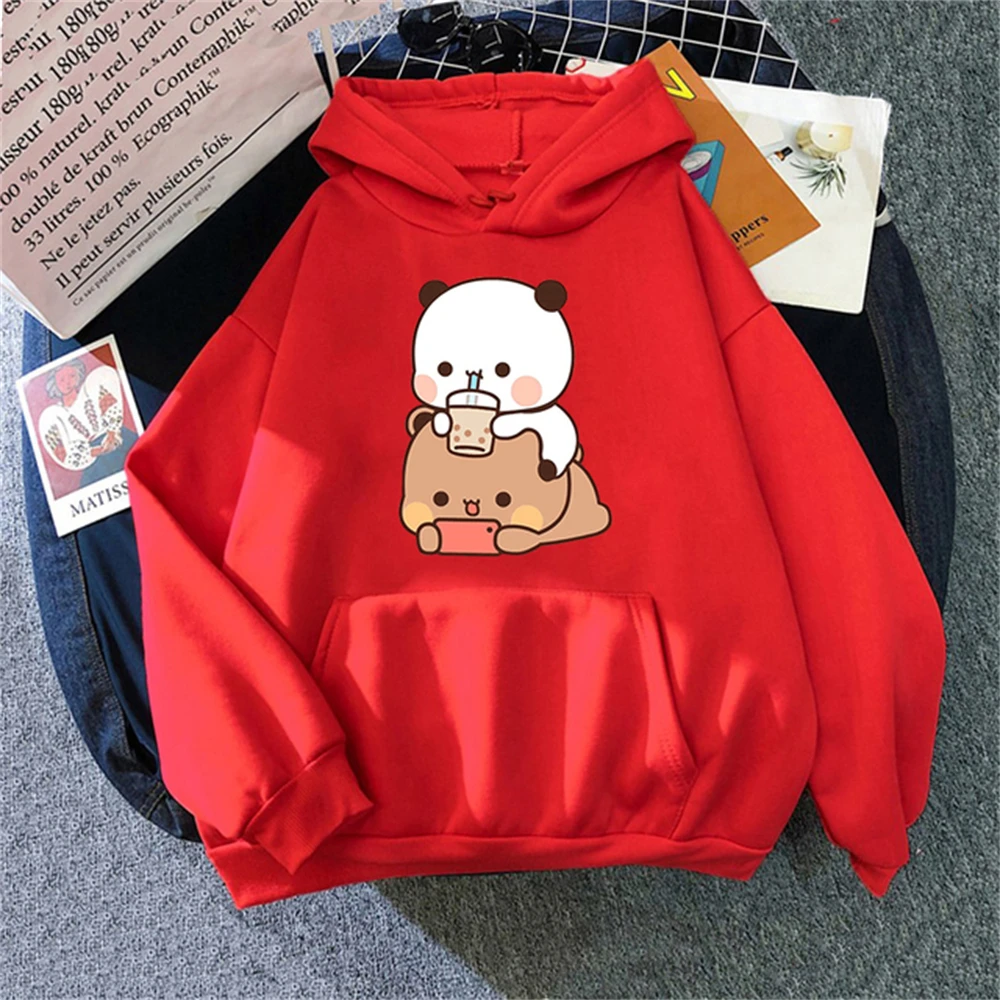 

Bubu And Dudu Women Hoodie red tops Pocket Sweater Loose coat Kawaii Print woman Tops superior quality Sweatshirt Autumn winter