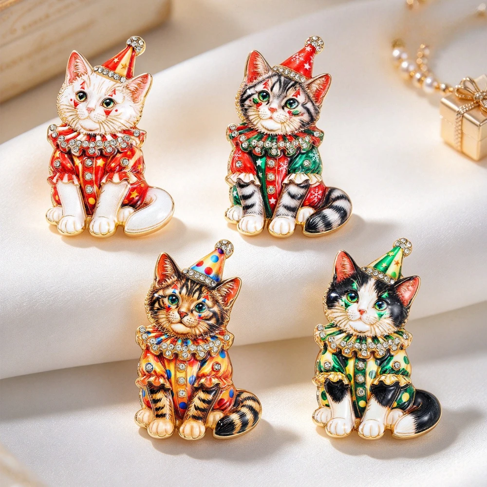 Clown Costume Cat Enamel Brooch Rhinestone Decor Party Kitten Lapel Pin Funny Animal Brooches Jewelry Gift