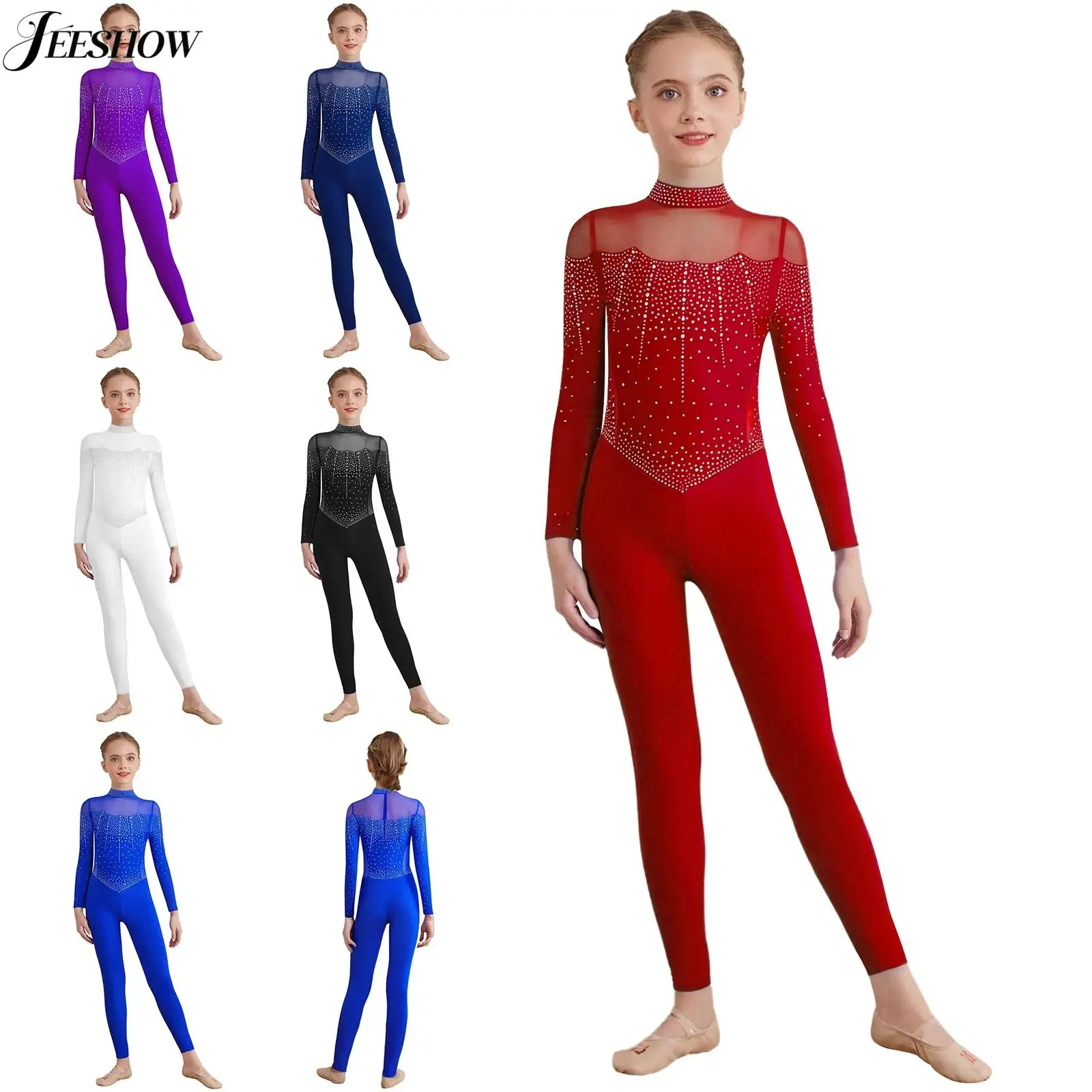 

Детский гимнастический купальник для девочек с сетчатыми вставками, длинными рукавами, полной длиной, для фигурного катания и сценических выступлений