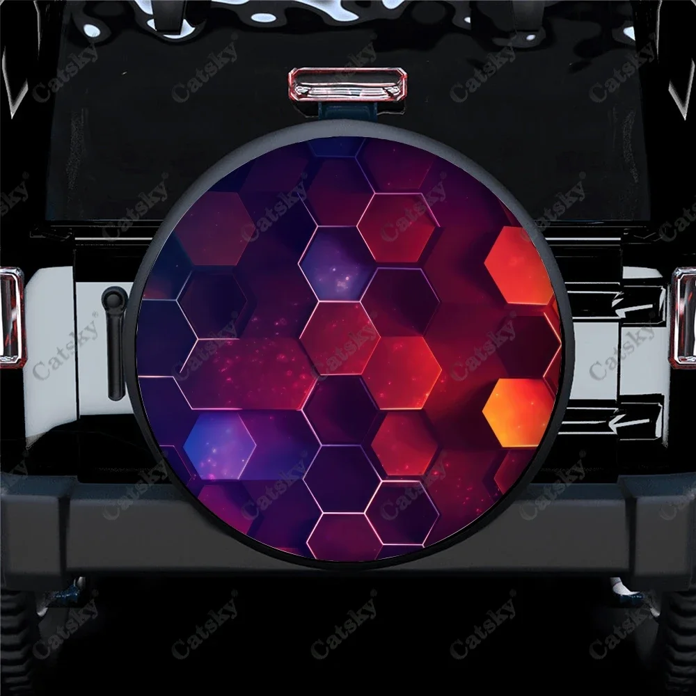 Abstract Lines With Hexagons Pattern Polyester Universal Spare Wheel Tire Cover Wheel Covers for Trailer RV SUV Truck Camper