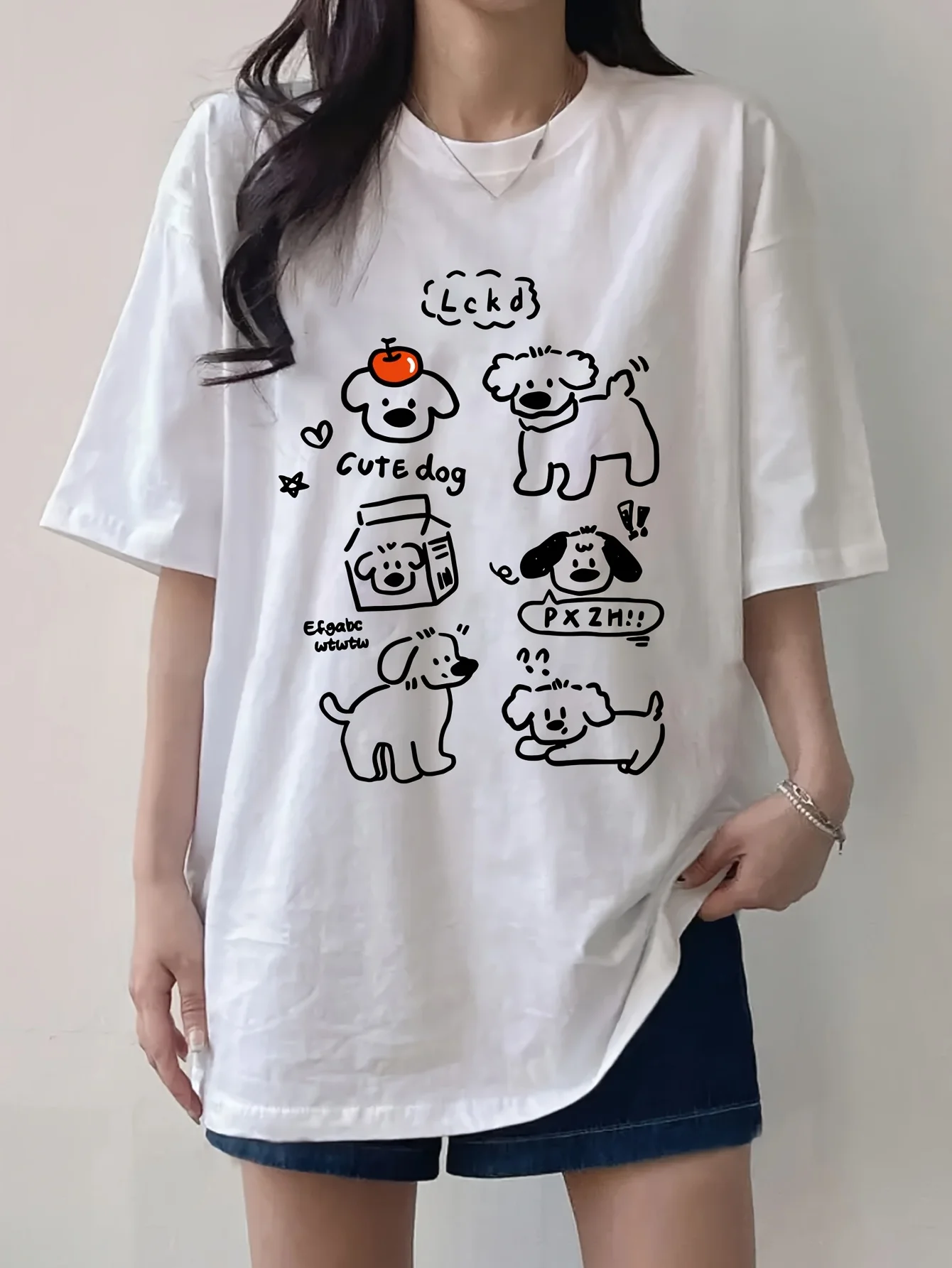 

Женская футболка с милым мультяшным принтом собаки, рукав, круглый вырез, ткань, рукав Харадзюку, повседневная одежда, уличные футболки, эстетичная одежда