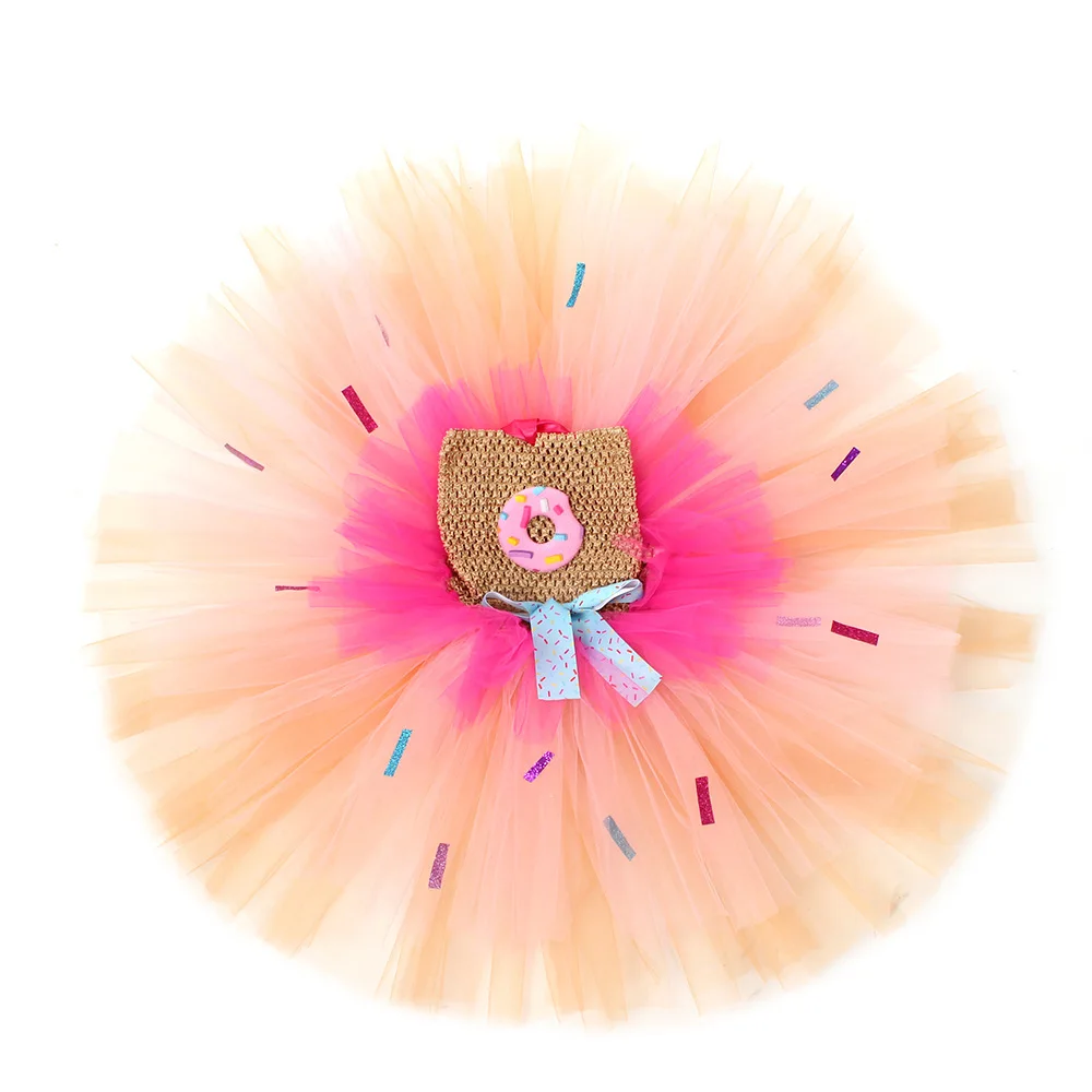 Girl Sweet Donut Candy Printed Gradient Macaron Colors Tutu Dress With Headband Outfit For Holiday Birthday Dessert Themed Party