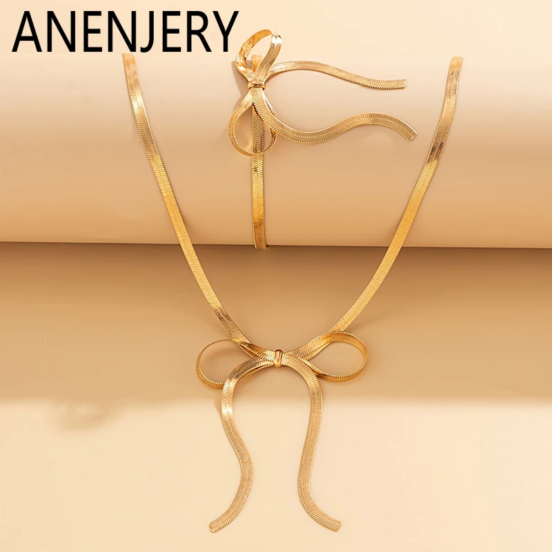 ANENJERY 316L Stainless Steel Long Bowknot Tassels Necklace Bracelet Earring for Women Choker Snake Chains Simple Jewelry Set