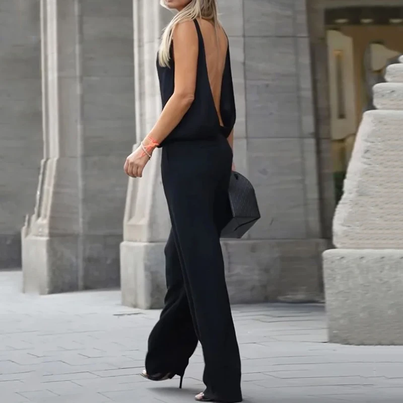 Wefads Women Jumpsuit Summer Casual Sleeveless Backless Chic Solid Black With Pockets Loose Pullover Romper High Streetwear