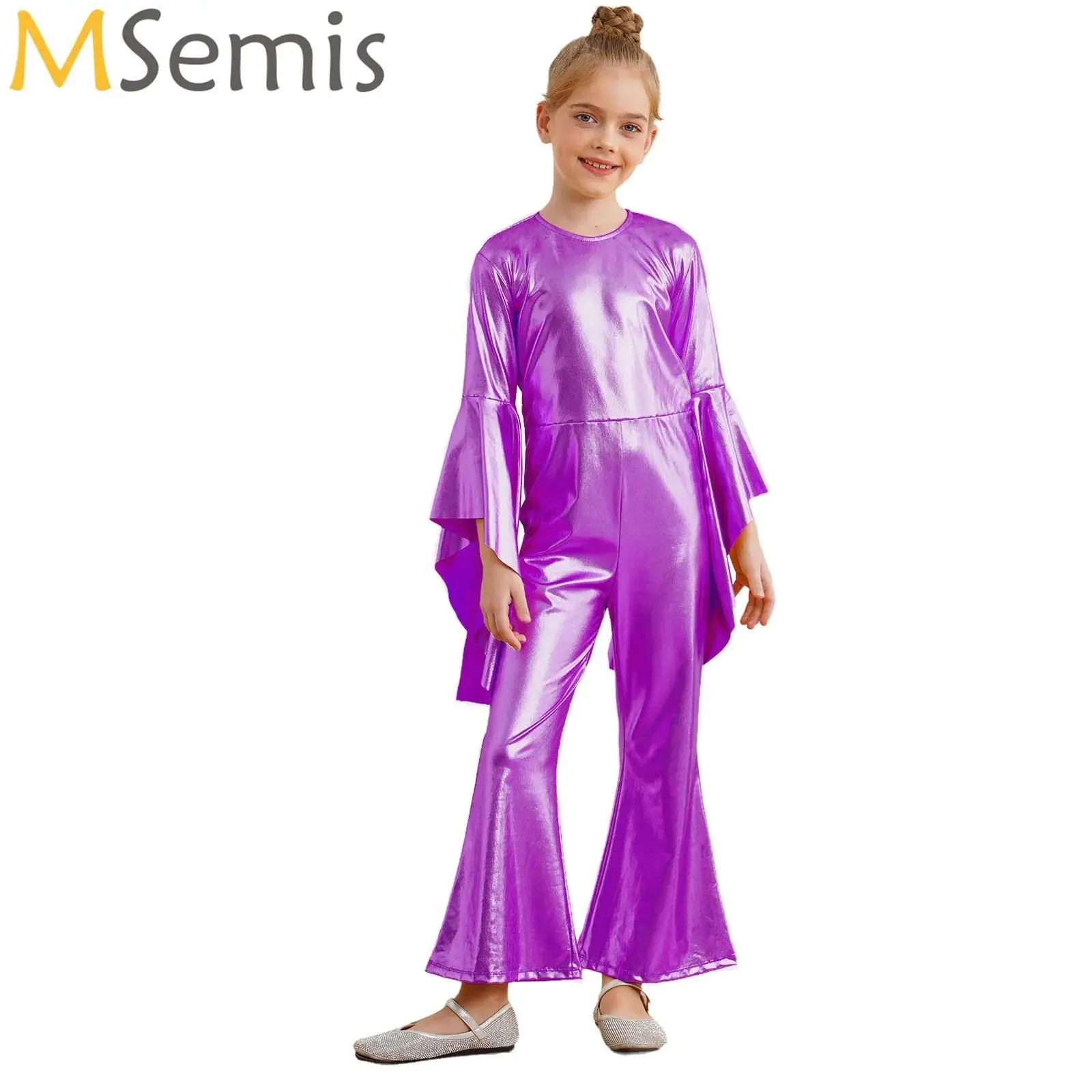 

Kids Girls Metallic Bell-Bottom Jumpsuits Round Neck Flare Sleeve Rompers Disco Modern Jazz Dance Stage Performance Costume