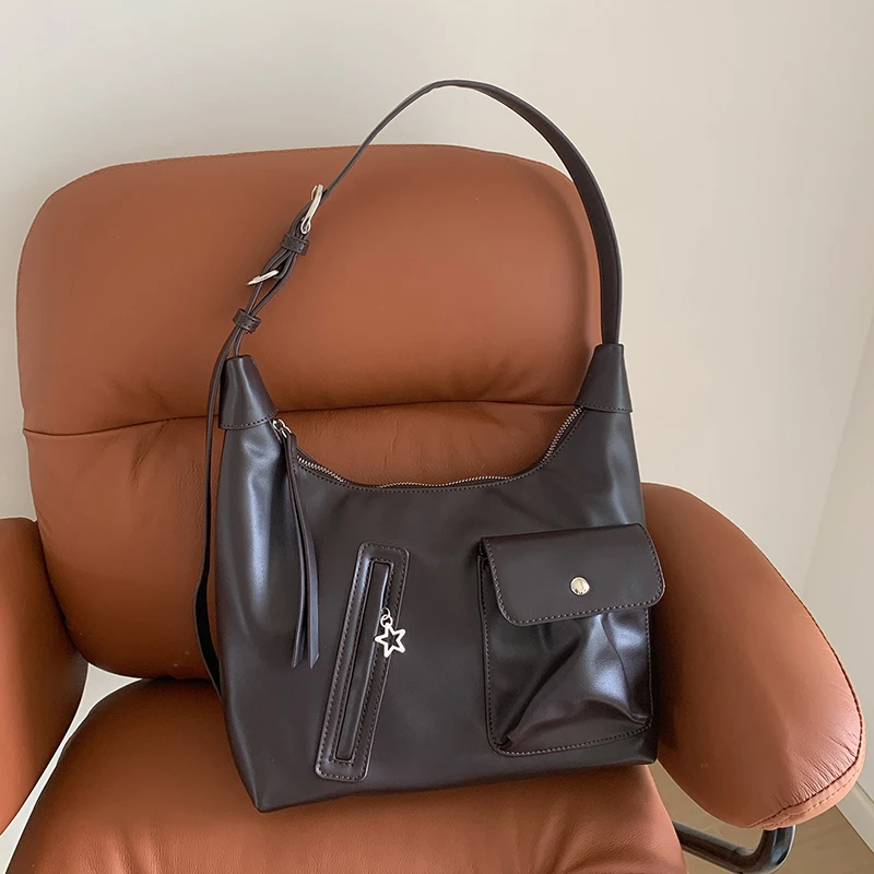 Korean Retro Hobo Shoulder Bag Multi‑pocket Star Zipper Decor Soft Faux Leather Crossbody Bag Casual Daily Commute Tote Purse view 6