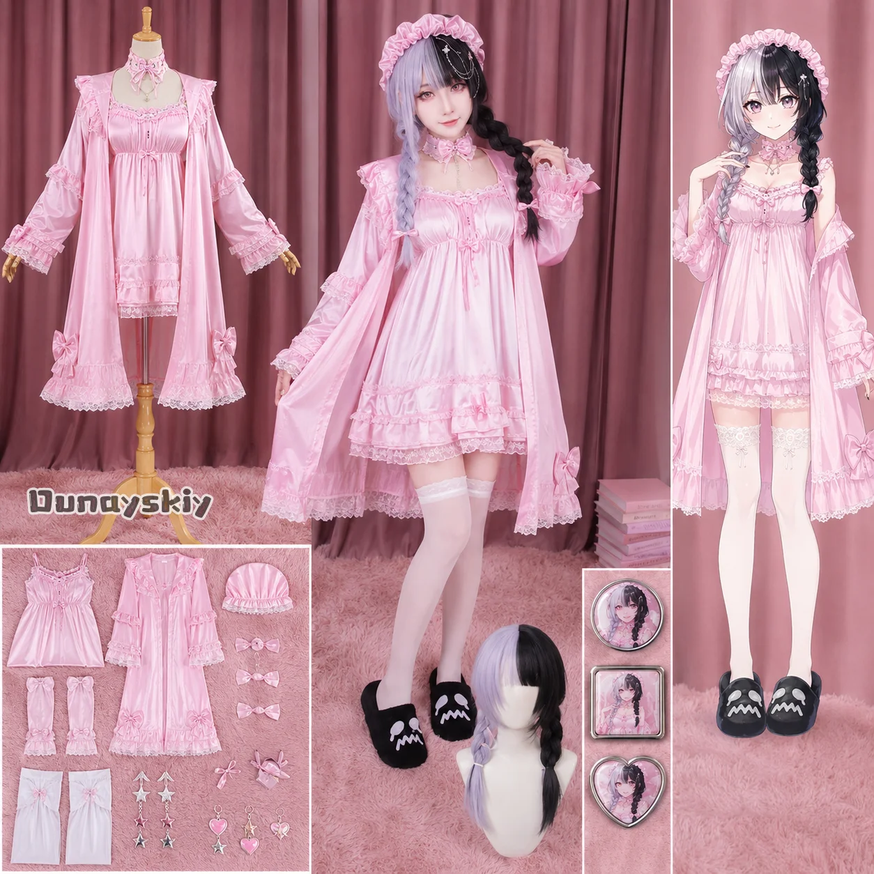 In Stock Hololive EN Vtuber Shiori Novella Nightwear Cosplay Costume Pink Skirts Women Lace Bow Lolita Pajamas Halloween DressUp