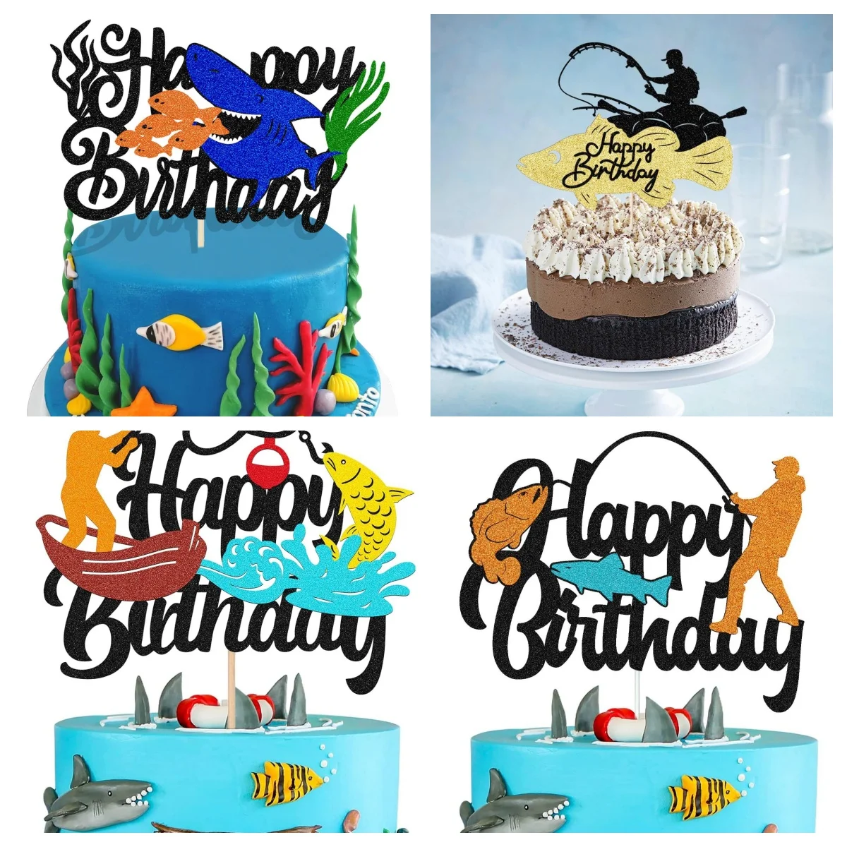 Cake Topper Fish Go Fishing Fisherman Fisher Boat Man Happy Birthaday Kids Party Cupcake Toppers Decoration Baking Supplies DIY