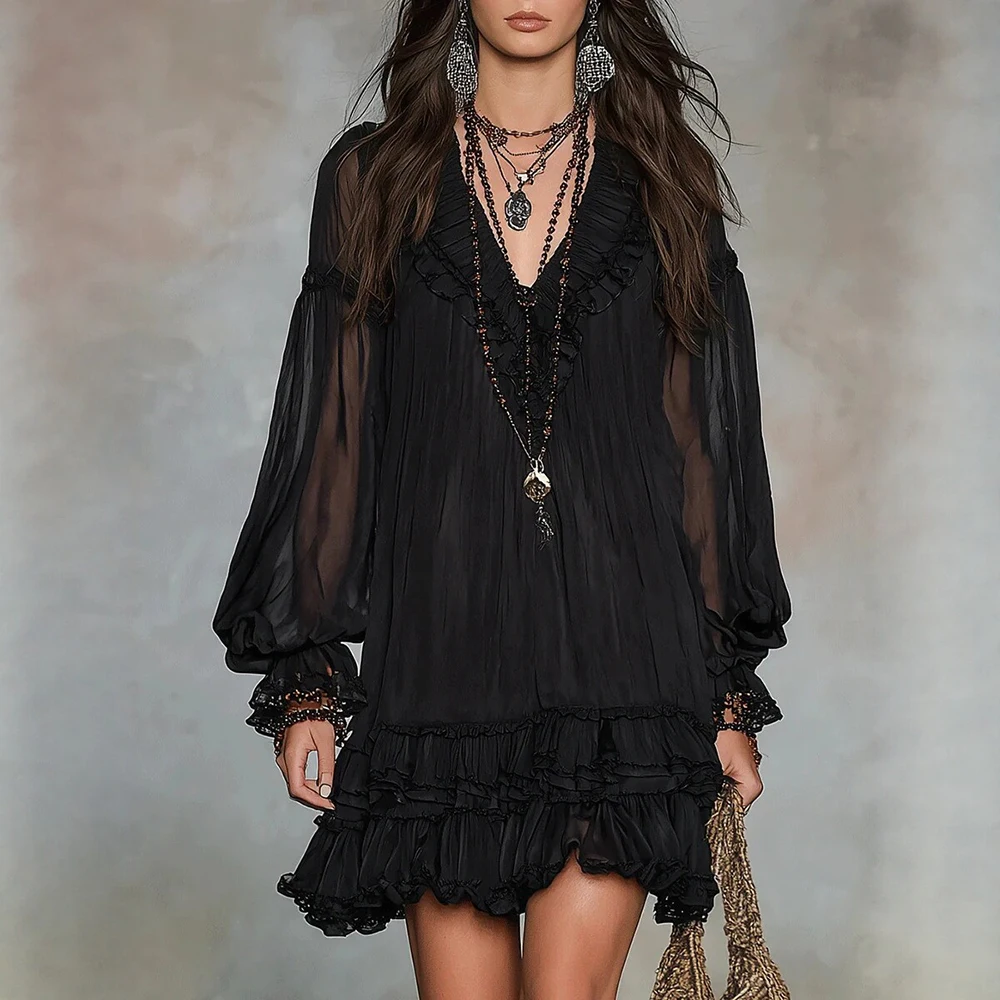 

Women's Black Bohemia Vacation Mini Dress V Neck Mesh Sheer Long Puff Sleeve Ruffle Hem Loose Flowy Summer Casual Long Dresses