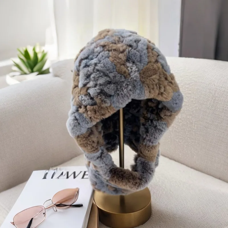 Women's Real Rex Rabbit Fur Hood Scarf Glamorous Voluminous Fur Hood Scarf Hat Fashion Eye‑Catching Keep Warm Fur Hood Scarf
