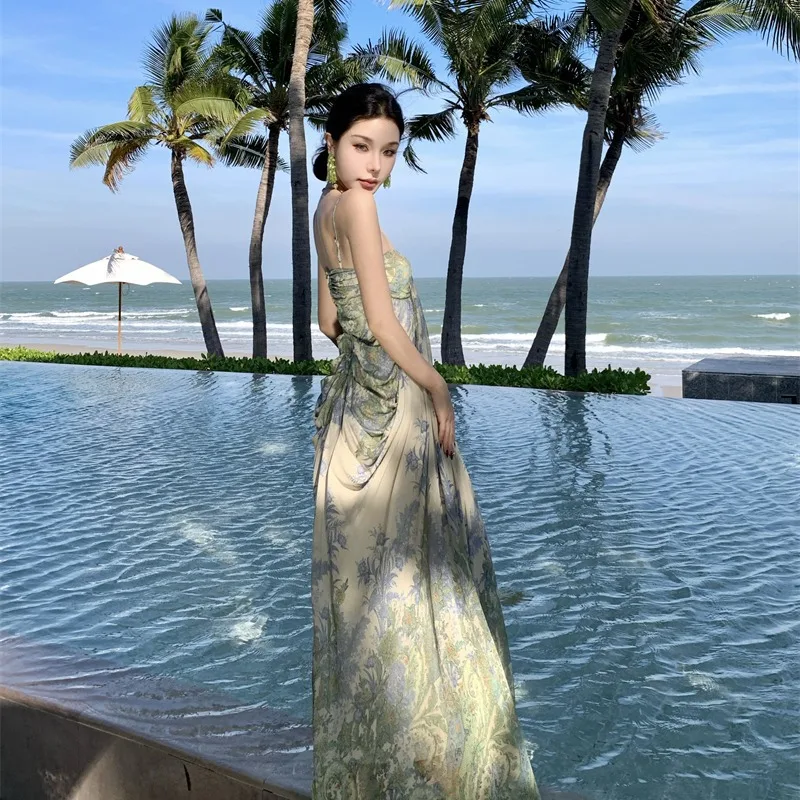 French Style Sling Dress Women's Summer Mesh Printed Elegant Thin Long Seaside Vacation Dress Figure Dress