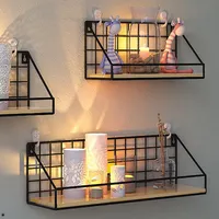 Floating Shelves Wall Mounted Rustic Wood Storage Display Shelf with Metal Wire Basket Hanging Shelf Kitchen Office Bedroom