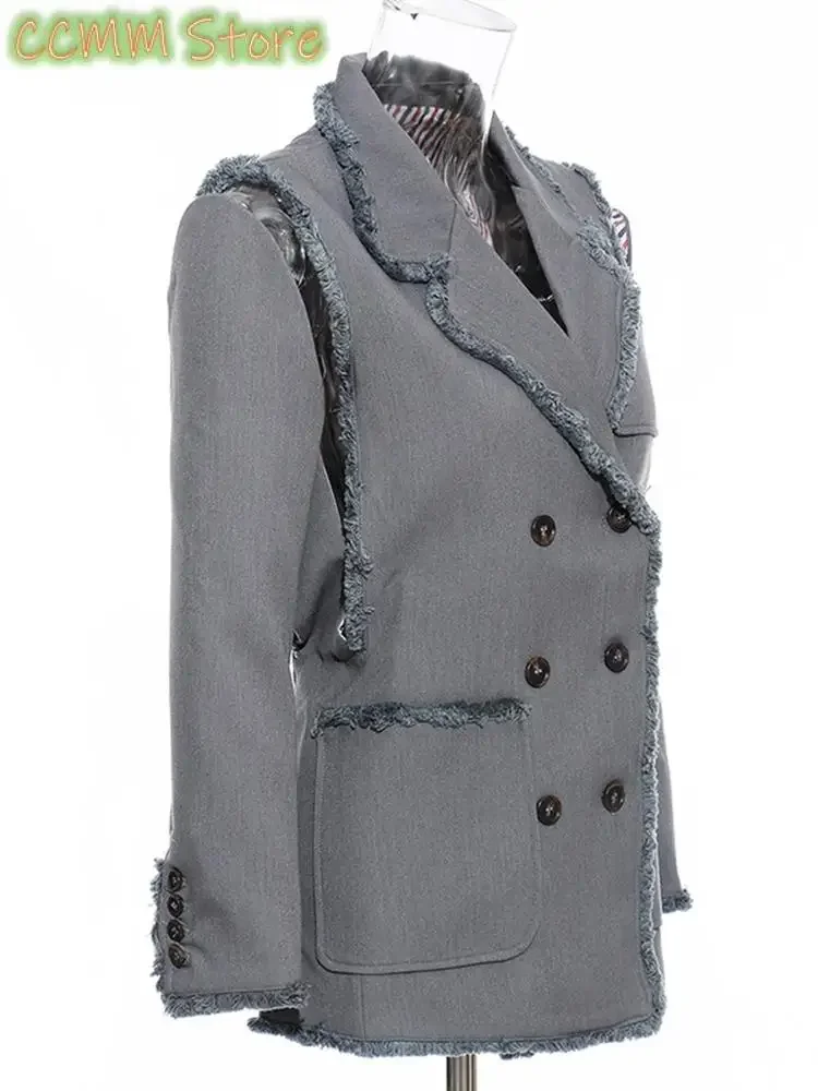 Women Two Ways Wear Tassels Striped Blazer New Lapel Long Sleeve Loose Fit Jacket Fashion Tide Spring Autumn